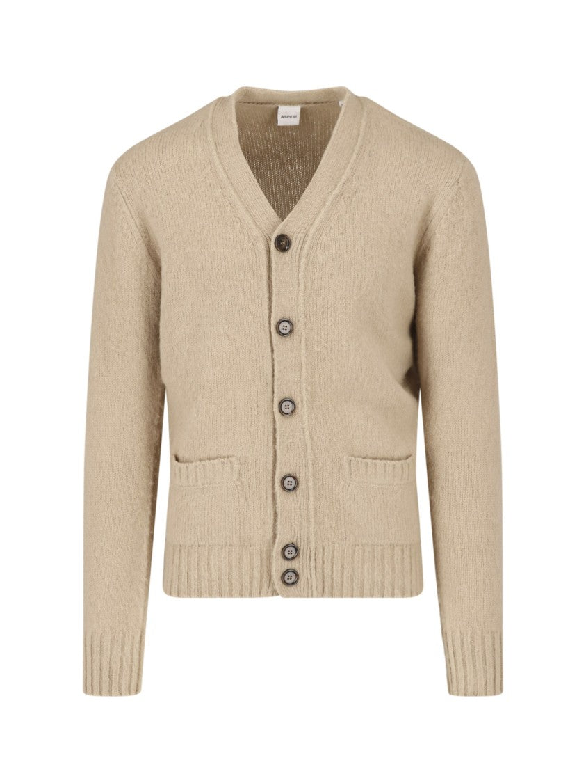 Aspesi Beige Wool V-Neck Pocketed Cardigan