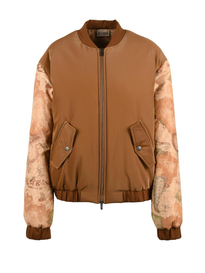 1 Classe Destination Brown Map Print Padded Viscose-Blend Bomber Jacket