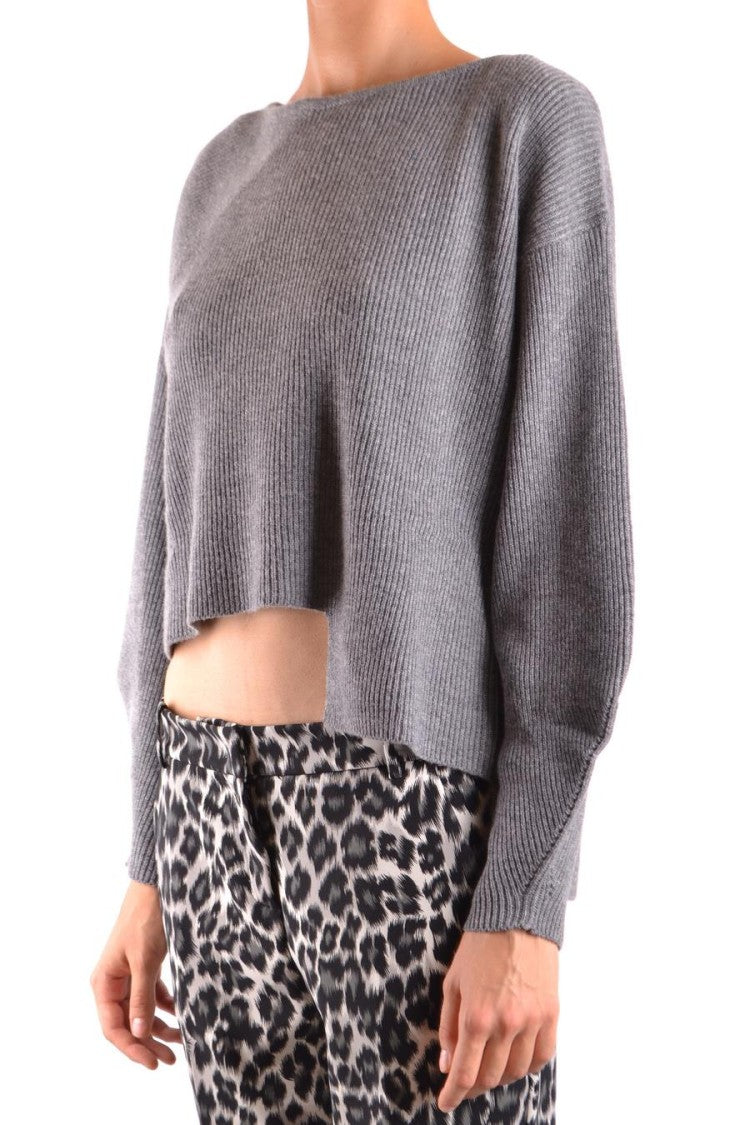 Pinko Boxy Cropped Grey Sweater With Asymmetrical Hem