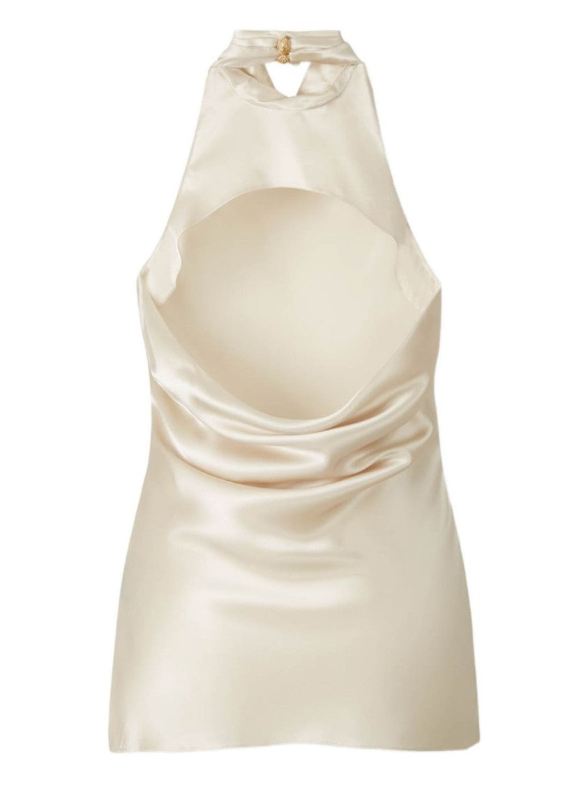 Balmain Beige Cowl Neck Halter Satin Top