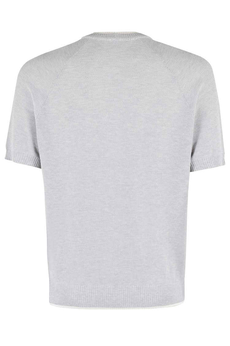 Eleventy Ribbed Crew Neck Cotton Sweater With Contrasting Trim