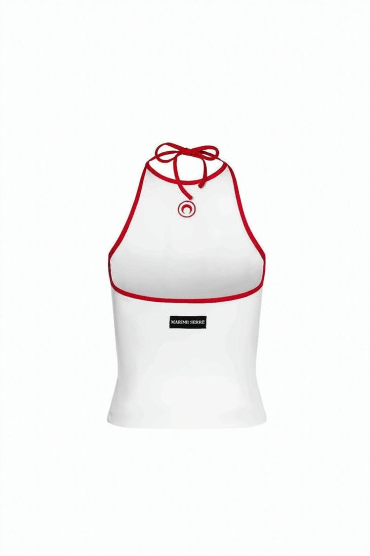 Marine Serre Sleeveless Halter Top With Red Trim And Open Back Design
