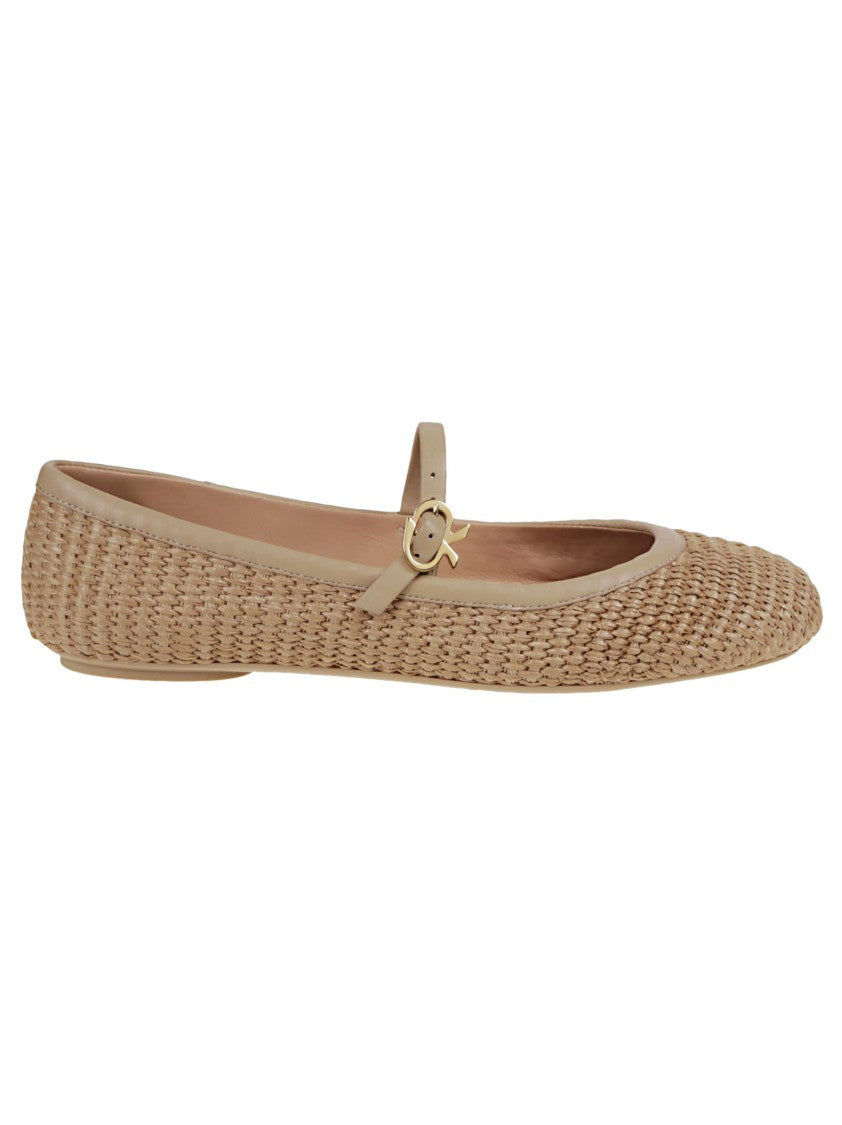 Gianvito Rossi Leather And Woven Raffia Flat Ballerina