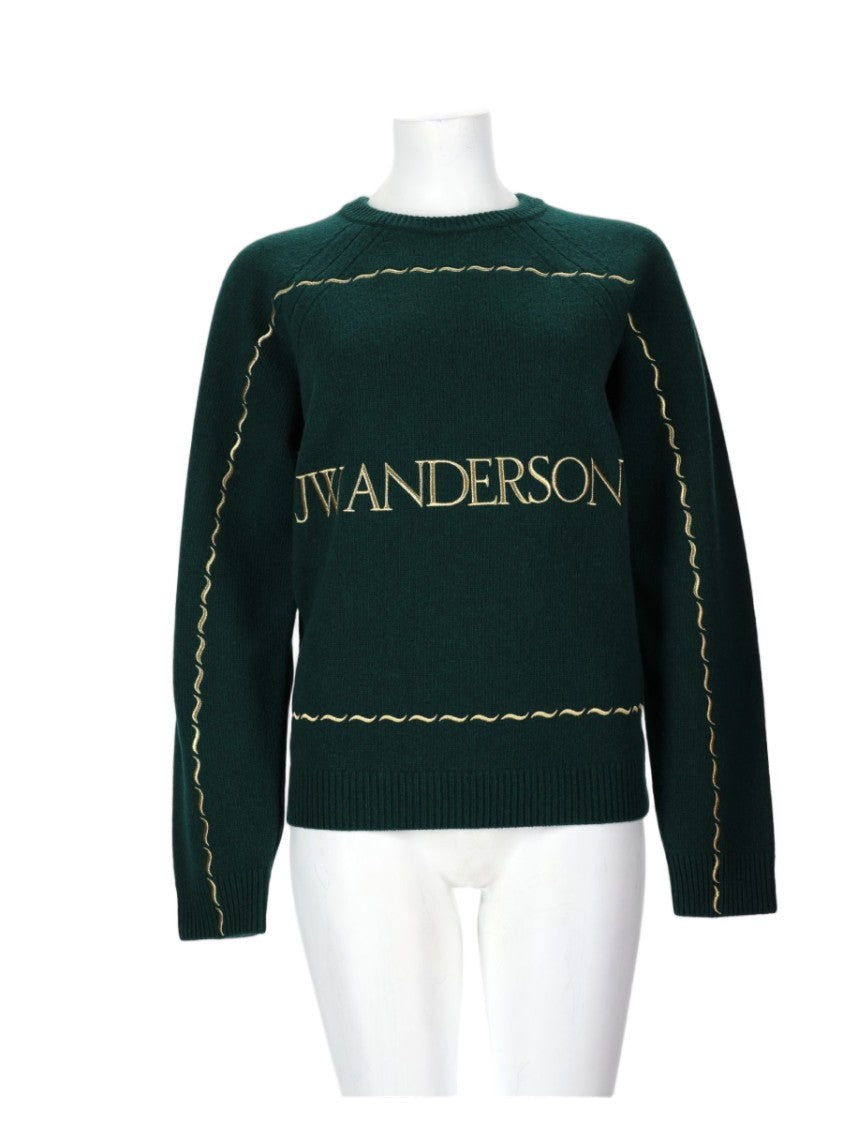 J. W. Anderson Deep Green Wool Sweater With Text Detail And Wavy Pattern