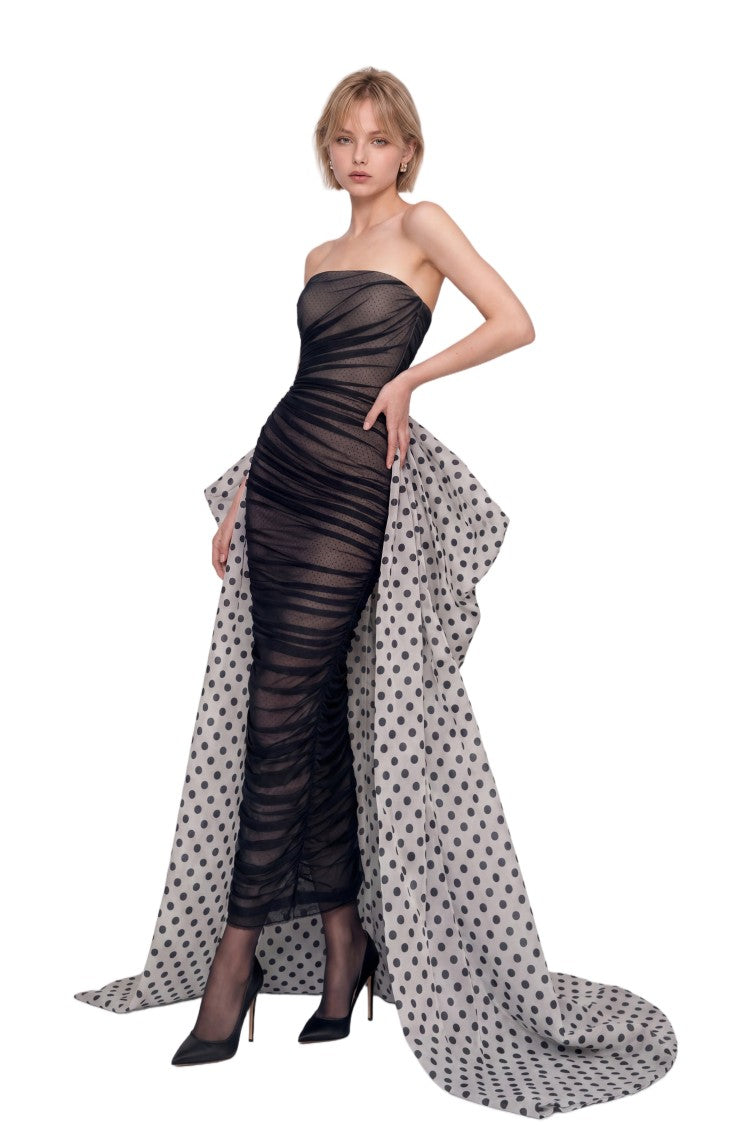 Saiid Kobeisy Strapless Fitted Midi Dress With Dramatic Cascading Train