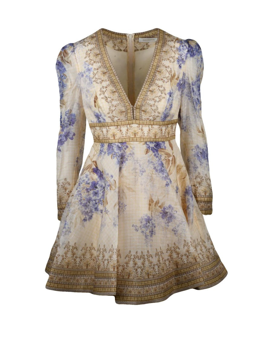 Zimmermann Floral-Inspired Mini Dress With Deep V-Neckline And Puffed Sleeves