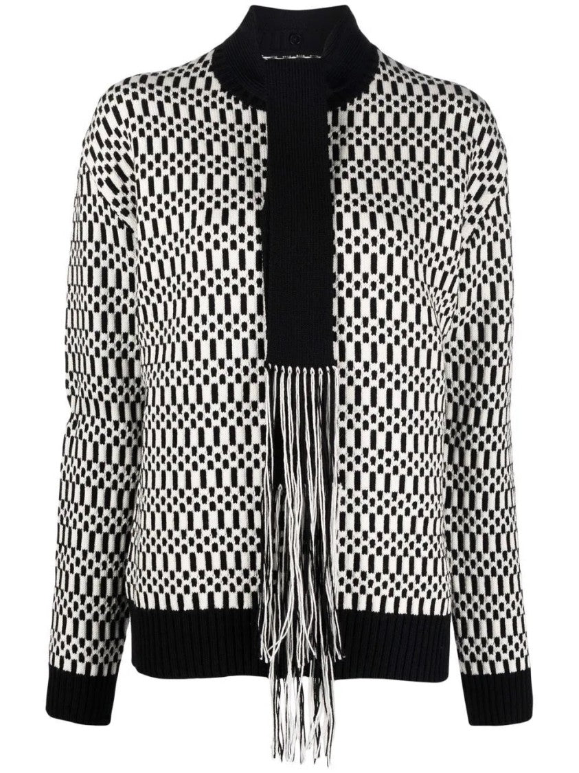 Jil Sander Geometric Pattern Sweater With Textured Fringes And Ribbed Details