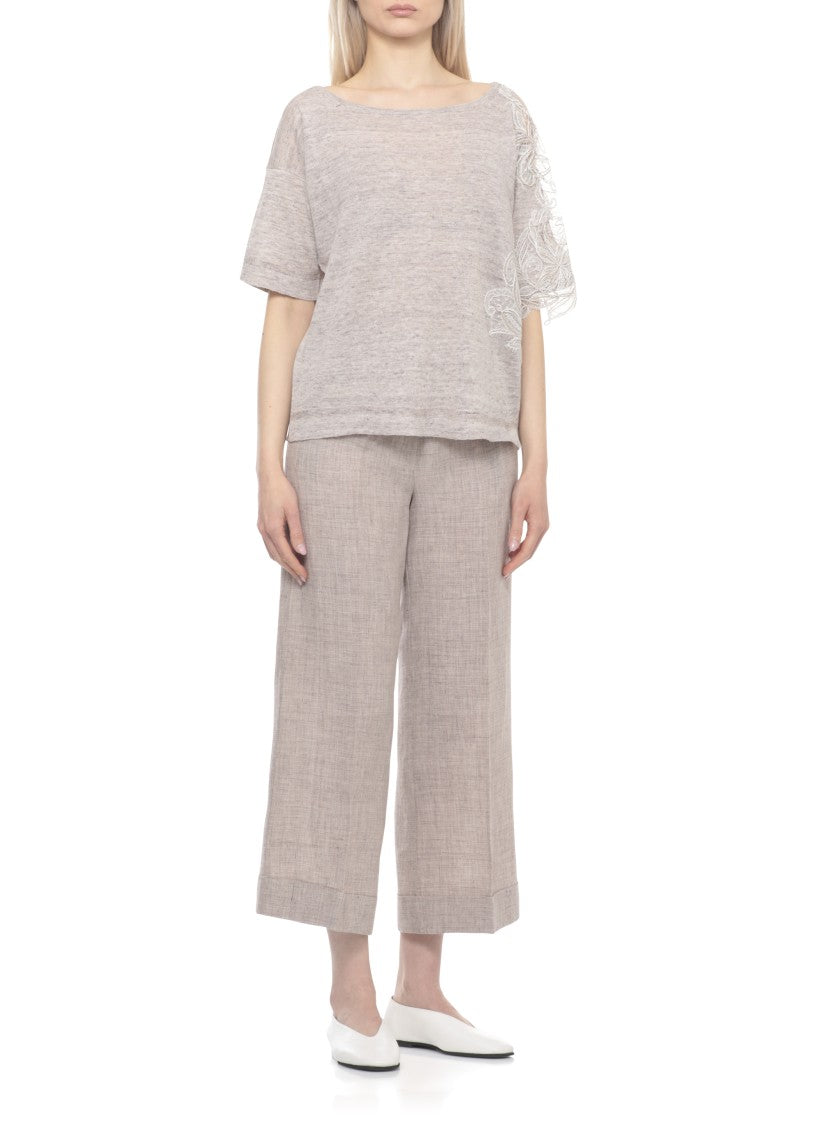 D. Exterior Beige Lace Linen-Blend Short-Sleeved Top