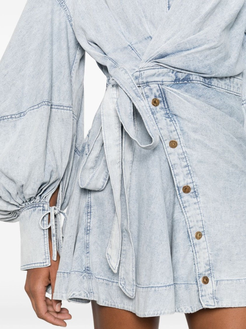 Zimmermann Clear Blue Mini Dress With Wrap-Around Design And Balloon Sleeves
