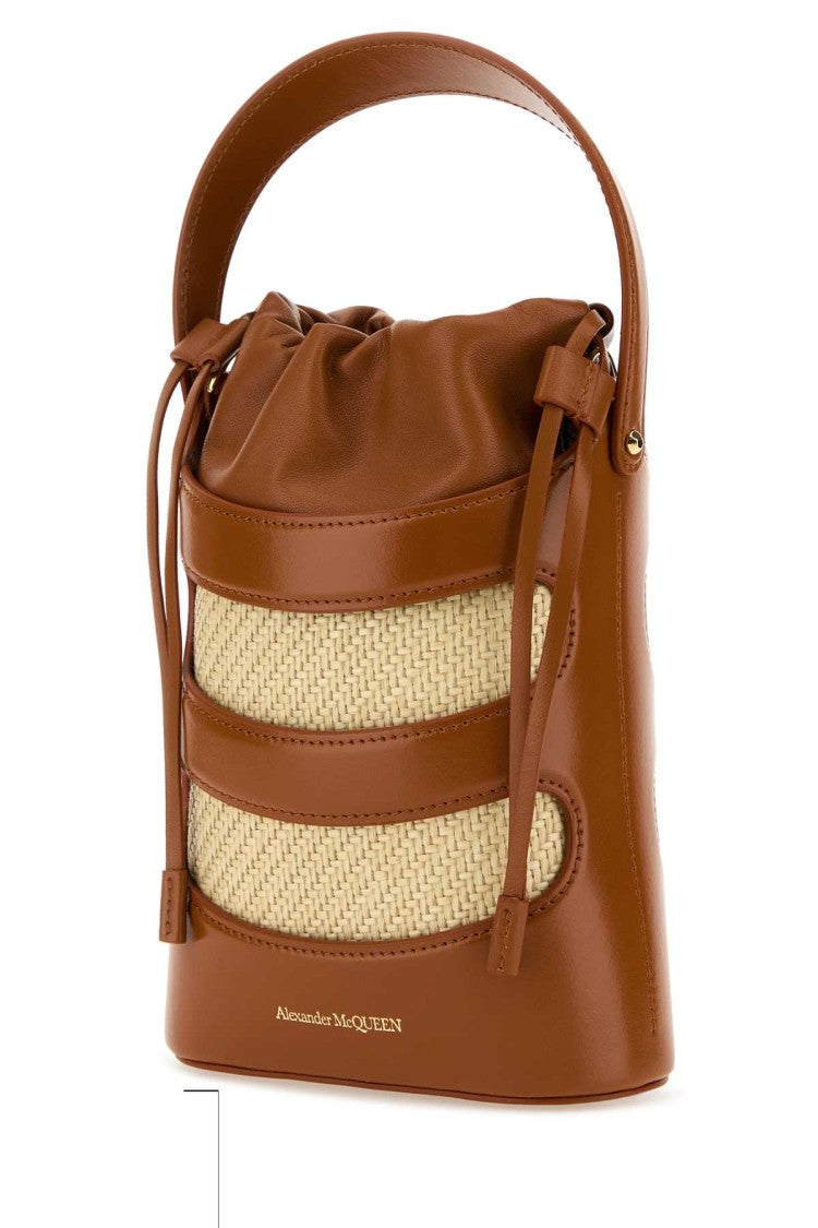 Alexander Mcqueen Two-Tone Leather And Raffia Mini The Rise Bucket Bag