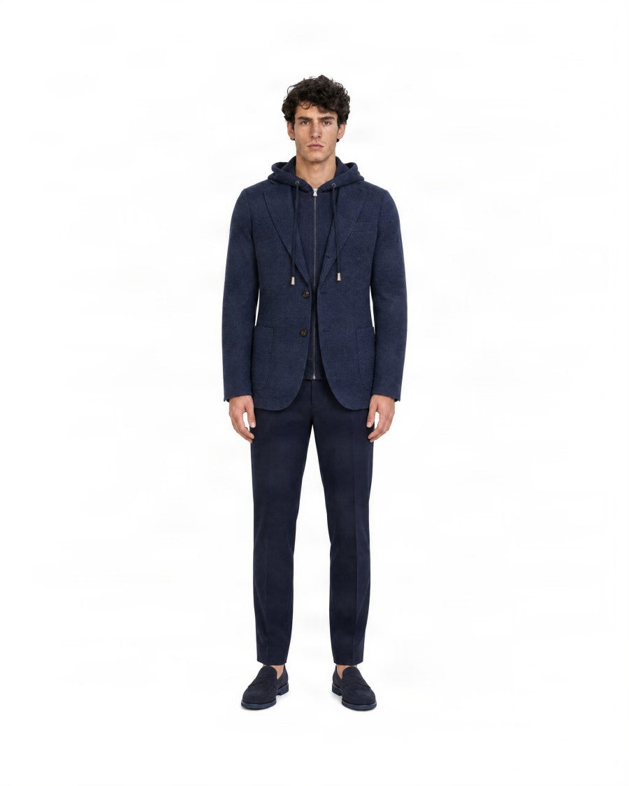 Eleventy Navy Blue Hooded Polyester-Blend Blazer