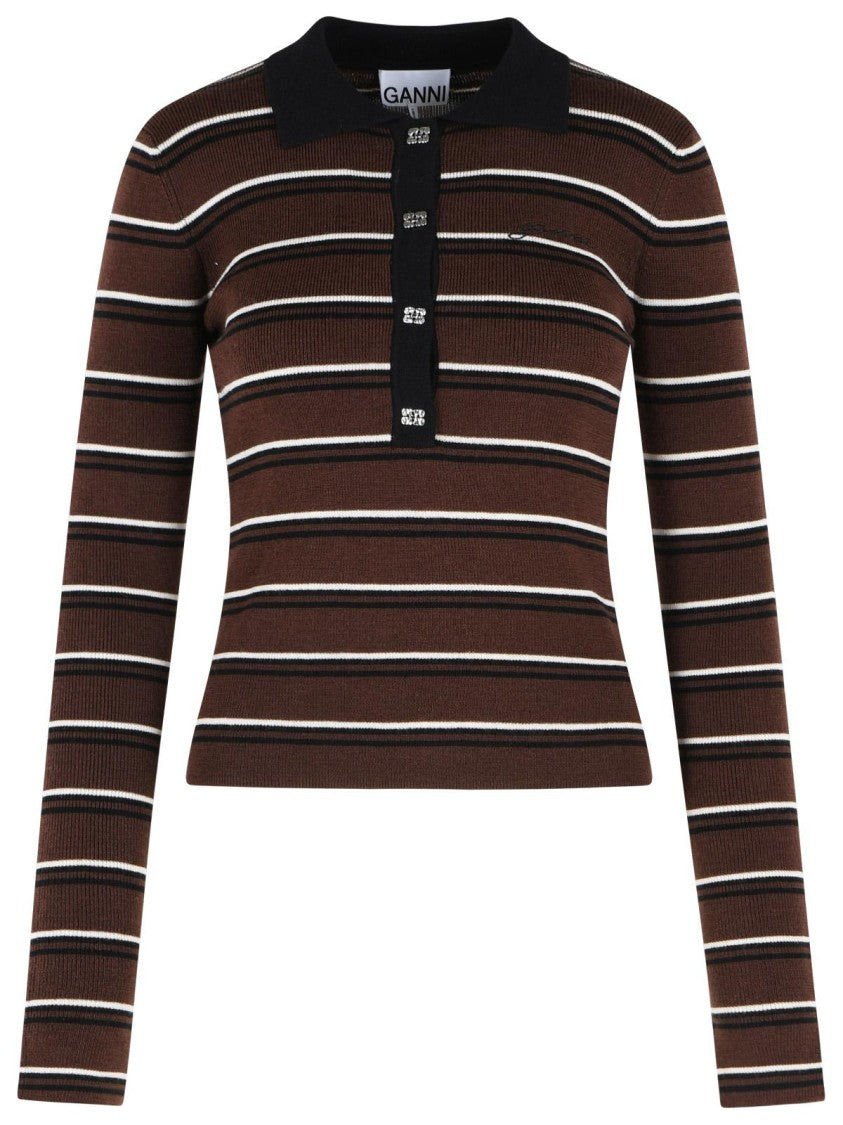 Ganni Brown Wool Polo Shirt