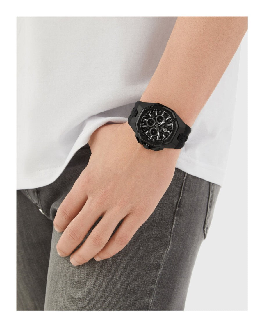 Philipp Plein Octagonal Case Chronograph Watch With Black Guilloche Dial