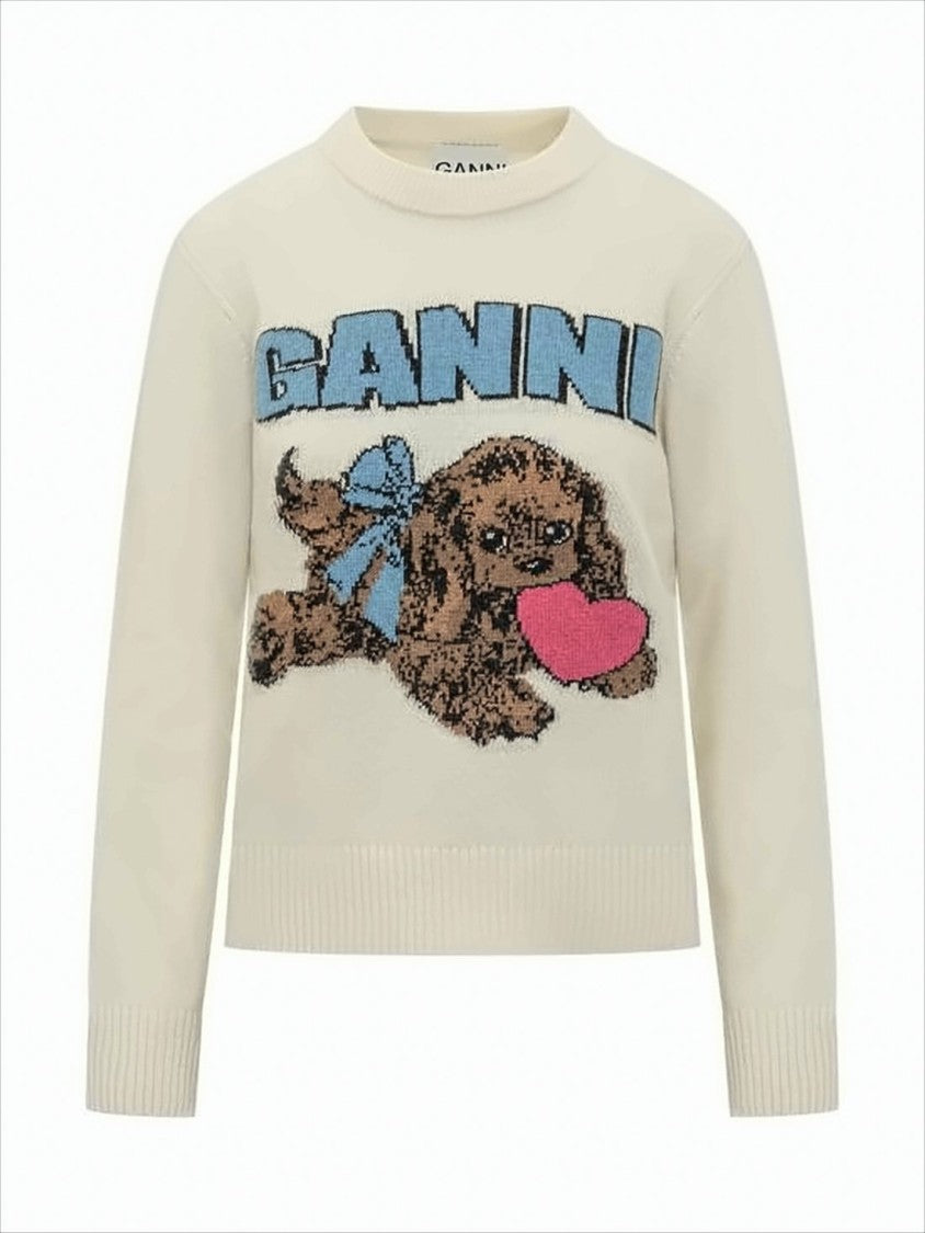 Ganni Playful Graphic Wool Sweater With Puppy Motif