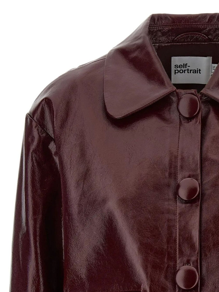 Self-Portrait Cropped Burgundy Leather Jacket