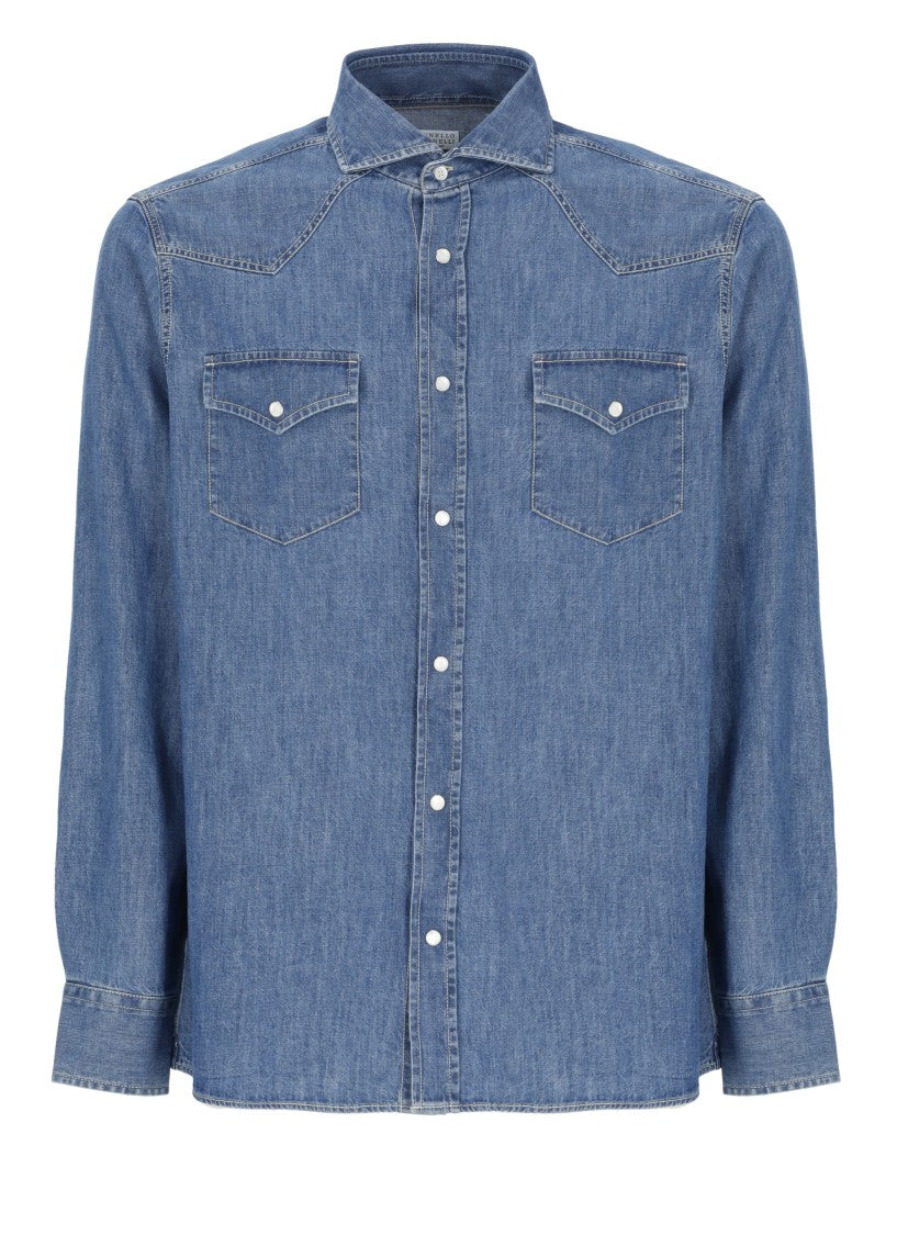 Brunello Cucinelli Medium Blue Denim-Textured Cotton Shirt