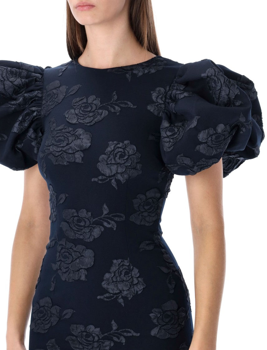 Rotate Textured Jacquard Midi Dress With Puff Sleeves