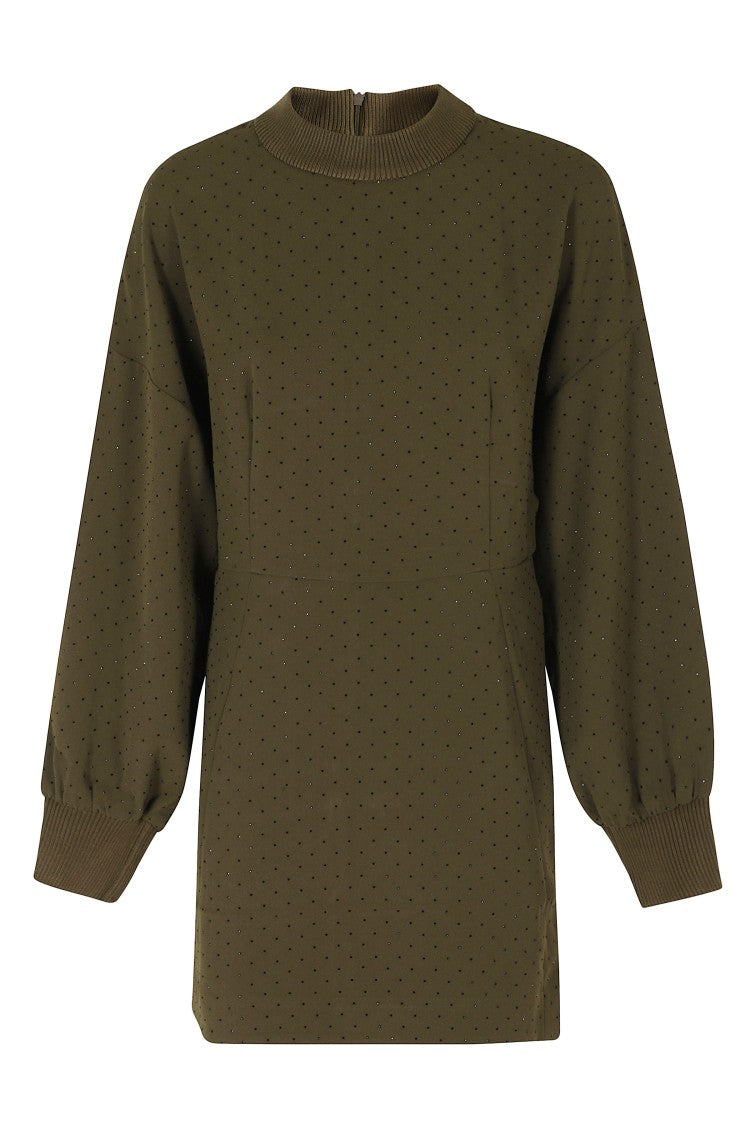 Essentiel Antwerp Dusty Green Rhinestone Puffed-Sleeve Mini Dress
