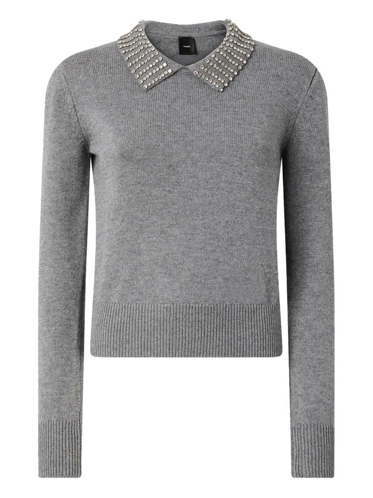Pinko Medium-Grey Knit Sweater With Pointed Collar And Silver Studs