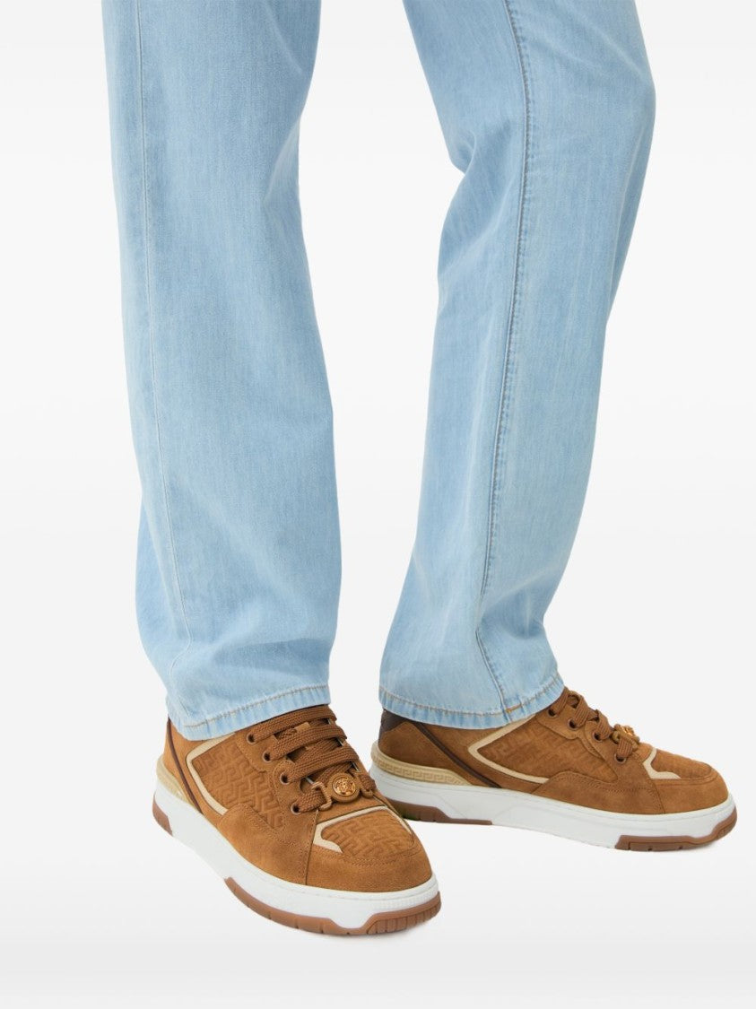 Versace Brown Suede Embossed Pattern Silk Nylon Sneakers