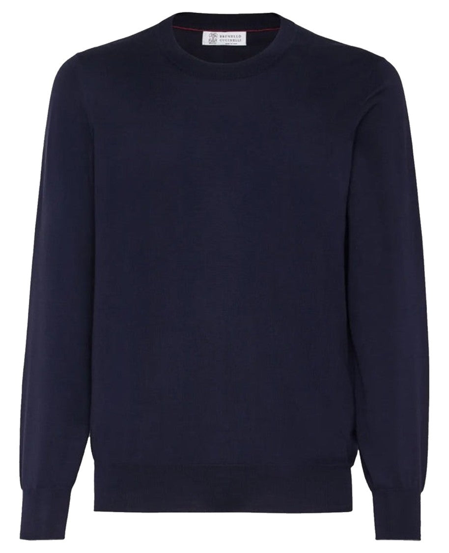 Brunello Cucinelli Navy And Dark Gray Wool-Cashmere Crewneck Sweater