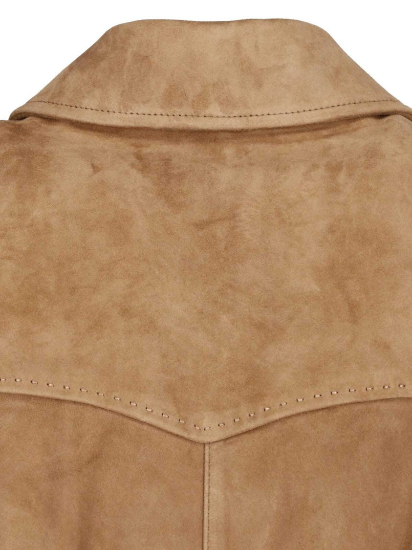 Low Classic Brown Classic-Collar Button-Up Suede Jacket
