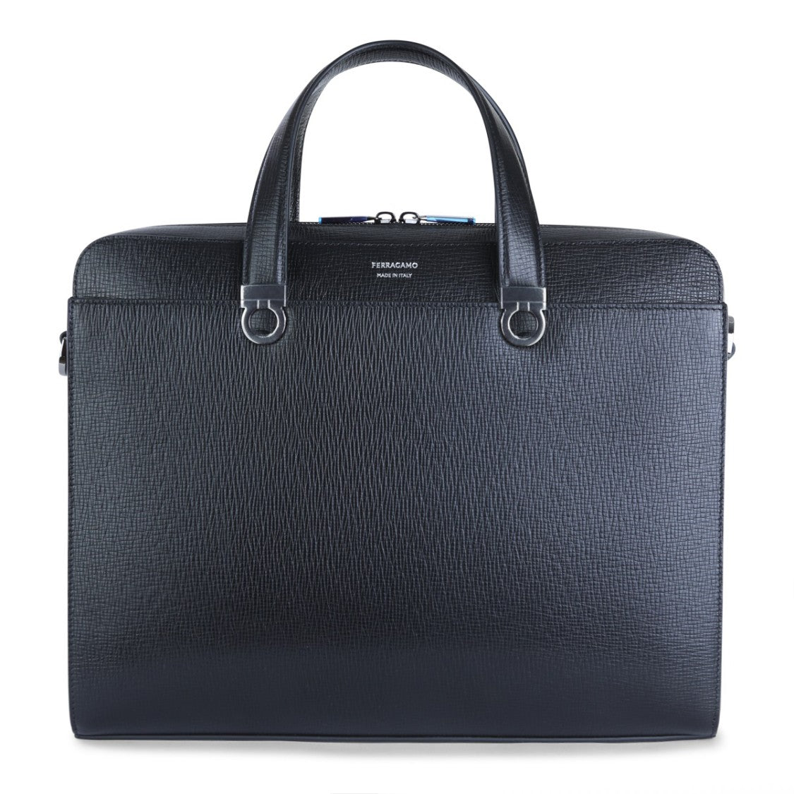 Ferragamo Structured Black Leather Top Handle Bag With Adjustable Strap