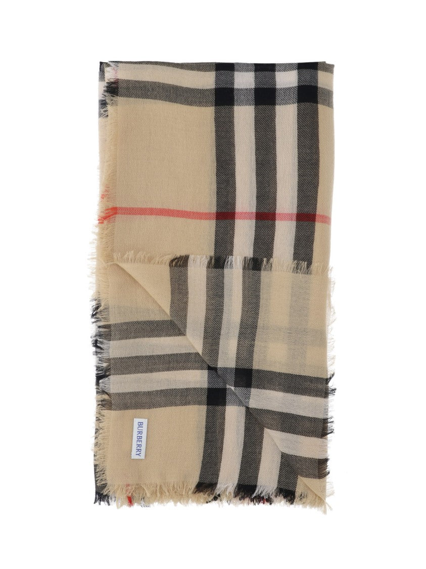 Burberry Beige Wool Check Scarf With Fringed Edges