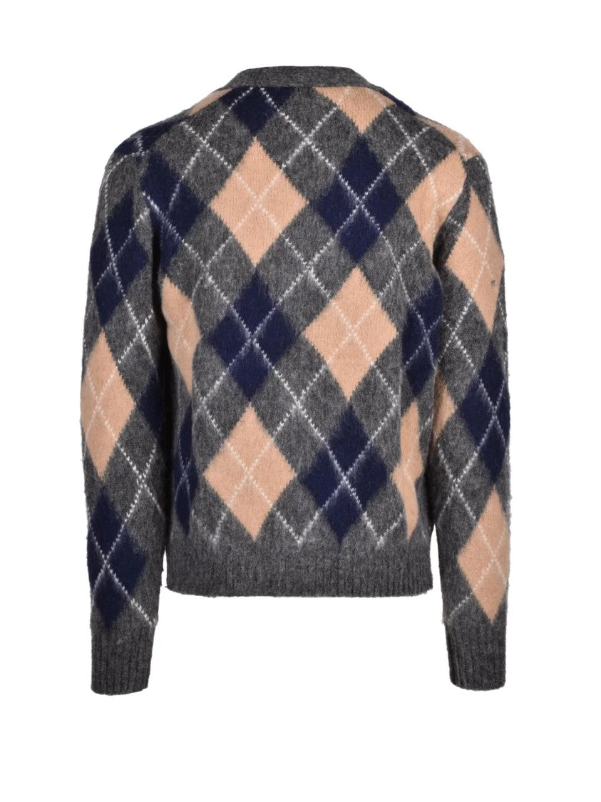 Aspesi Grey/Beige Argyle Pattern V-Neck Wool Cardigan