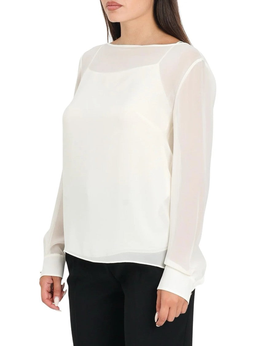 Max Mara Fluid Silk Blouse With Sheer Sleeves And Boat Neckline