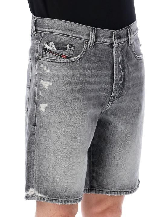 Diesel Faded Grey Denim Shorts With Distressed Detailing