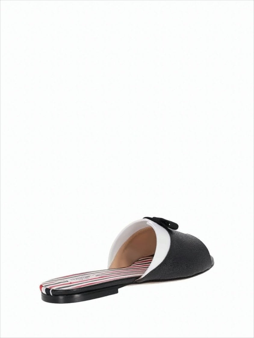 Thom Browne Open-Toe Black Leather Mules With Bow Detail