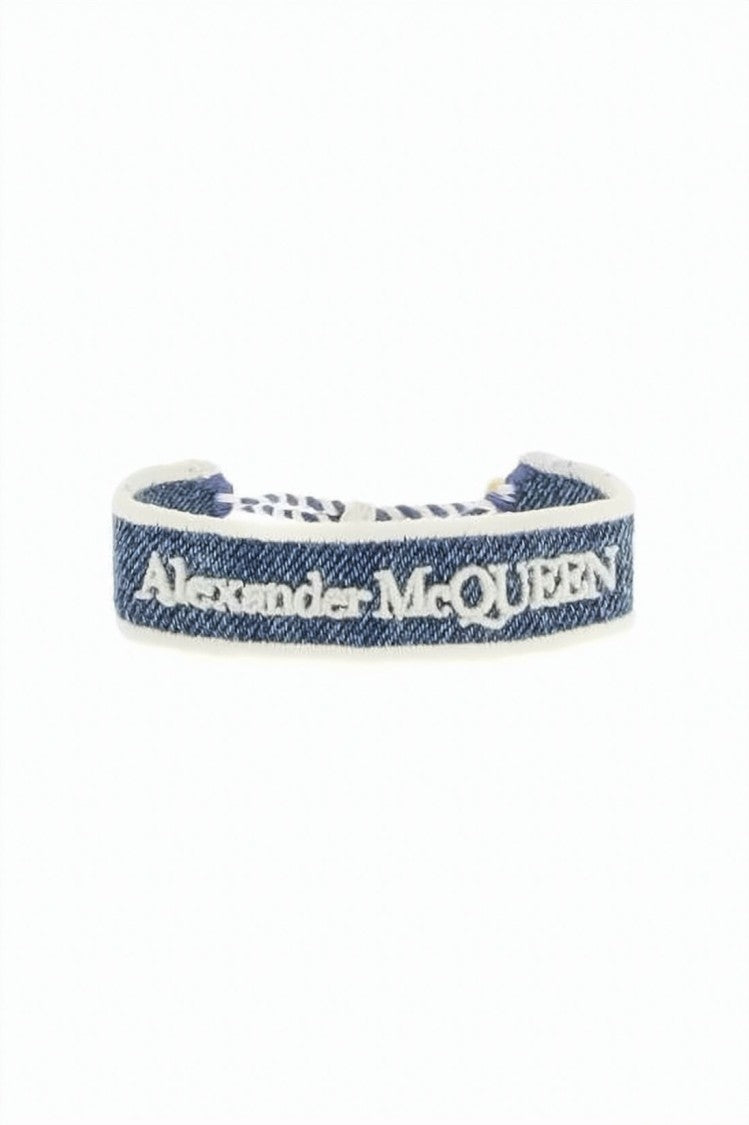 Alexander Mcqueen Denim-Texture Fabric Bracelet With Gold-Tone Skull Charms