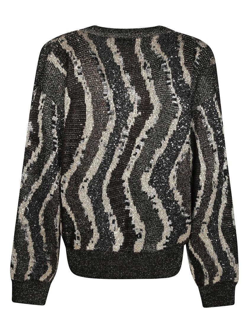 Missoni Wave Pattern Black Cardigan With Puff Sleeves And Deep V-Neckline