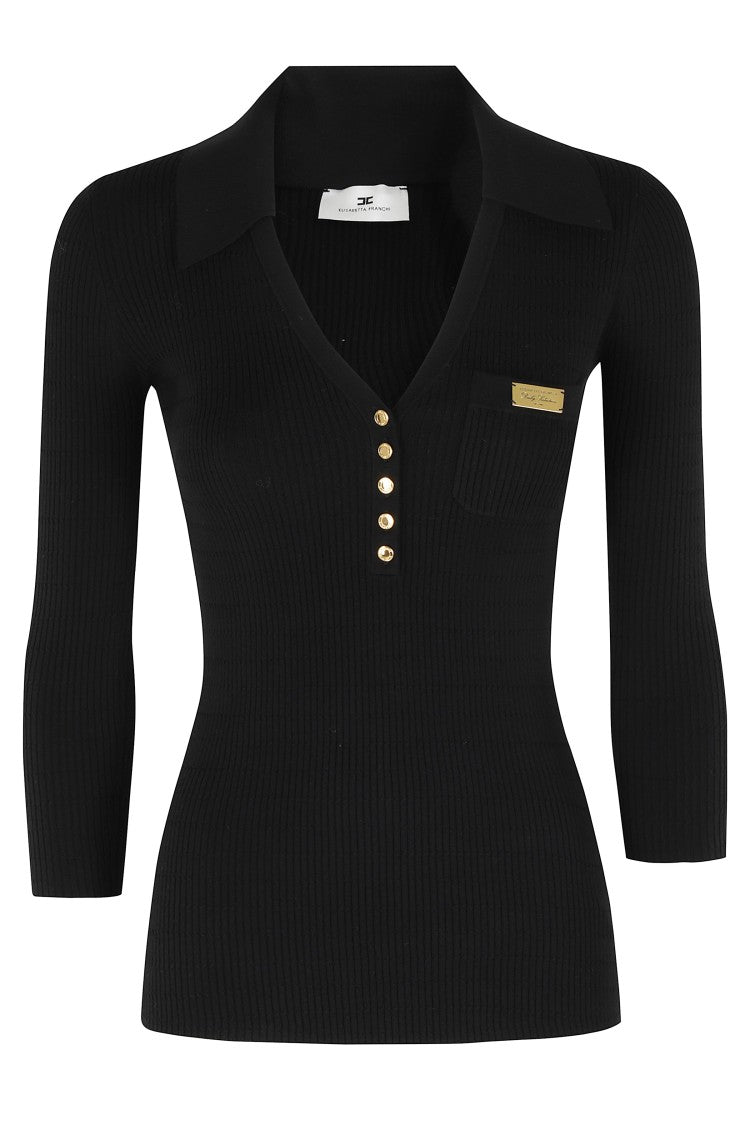Elisabetta Franchi Black Tricot Polo V-Neck Lyocell-Blend Polo Shirt