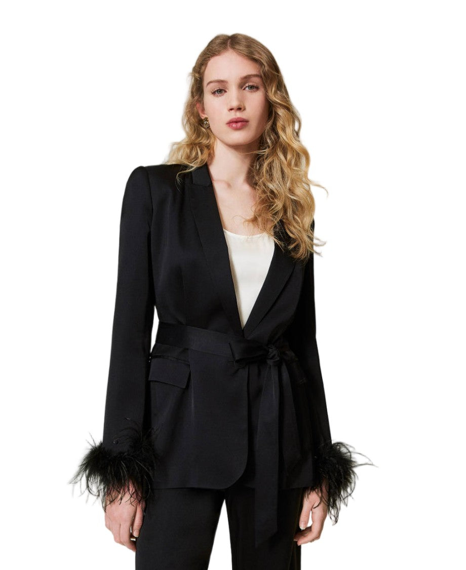 Twin-Set Black Viscose Satin Feather-Trimmed Cuffs Blazer
