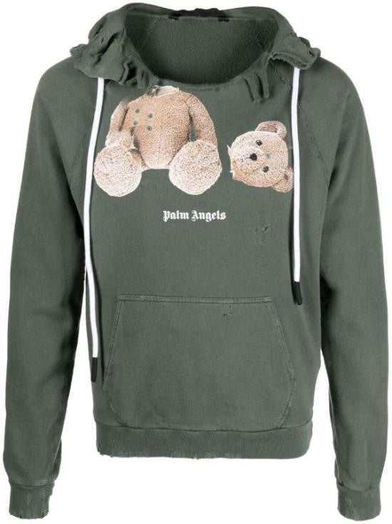 Palm Angels Distressed Teddy Bear Graphic Cropped Hoodie