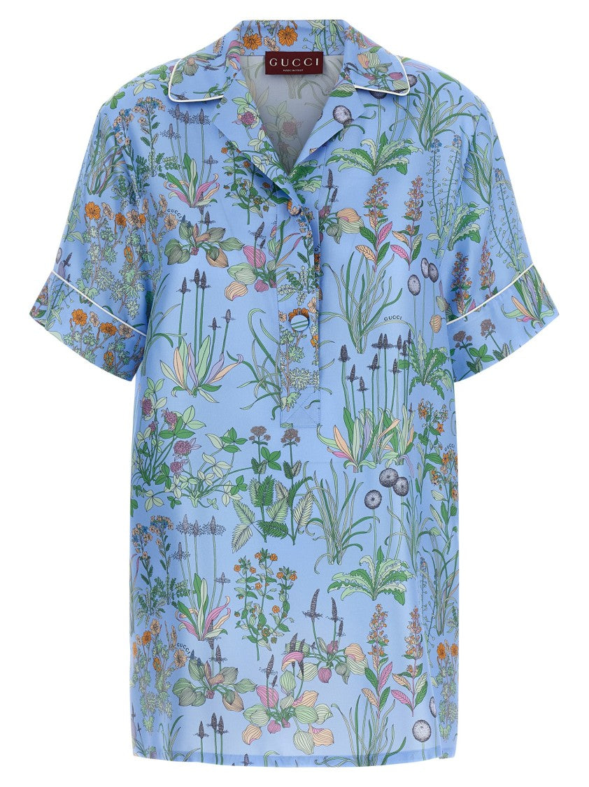 Gucci Floral Print Silk Twill Blouse With V-Neck And Contrast Piping