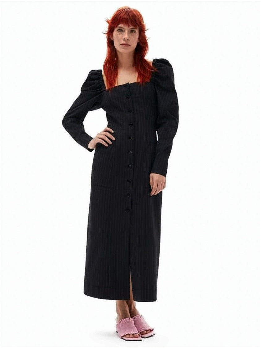 Ganni Square Neck Puffed Sleeve Midi Dress With Button-Down Front