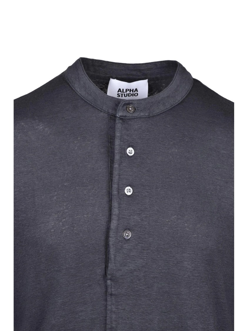 Alpha Studio Linen Elastane T-Shirt With Korean Collar And Minimalist Design
