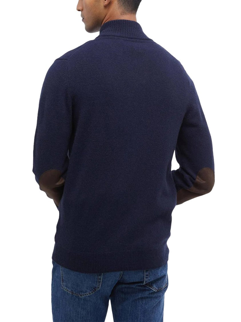 Barbour Navy Wool High Collar Ribbed Zip-Through Knit
