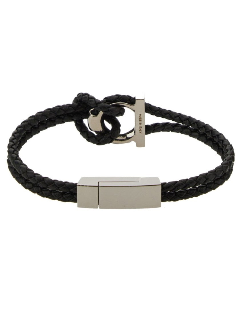 Ferragamo Braided Leather And Metal Bracelet With Signature Hook Detail