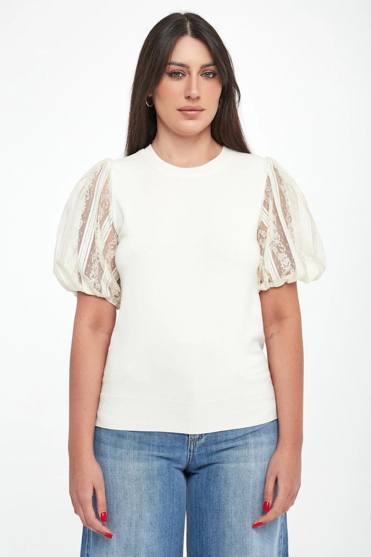 Twin-Set White Puff Sleeve Lace Detail Top