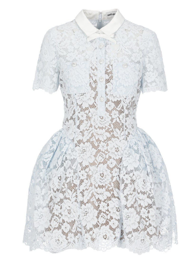 Self-Portrait Light Blue Floral Lace Midi Dress With Bow Collar