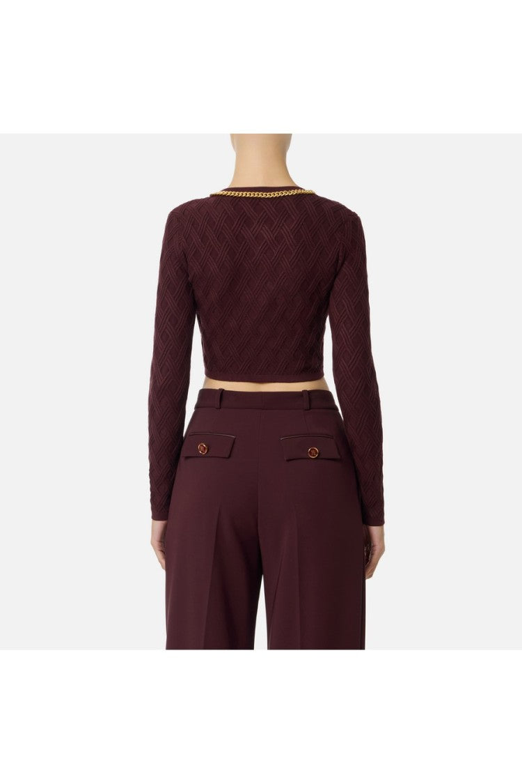 Elisabetta Franchi Burgundy Diamond-Quilted Chain-Trim Viscose-Blend Cardigan