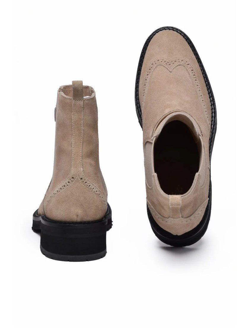Eleventy Beige Brogue Detailing Suede Rubber Sole Boots