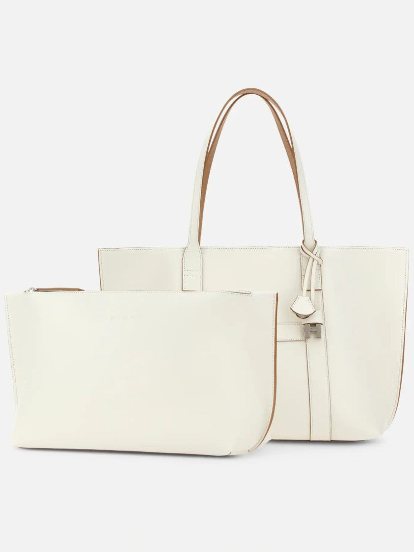 Hogan White Spacious Structured Metallic Lock Tote