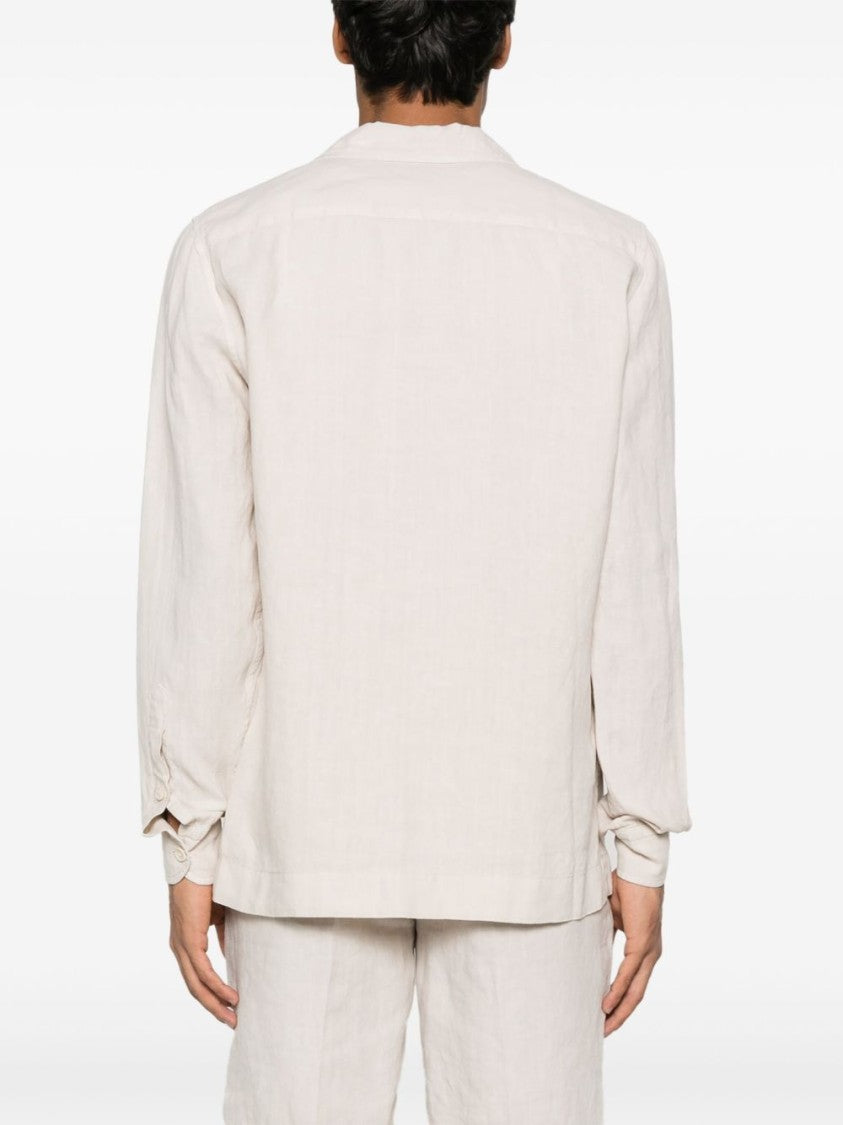 Boglioli Garment-Dyed Ivory Linen Overshirt With Bowling Collar