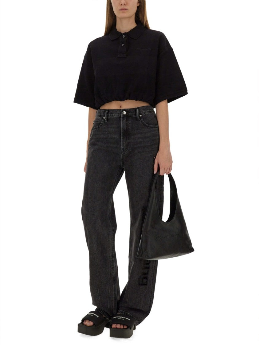 T By Alexander Wang Cropped Black Polo With Drawstring Hem