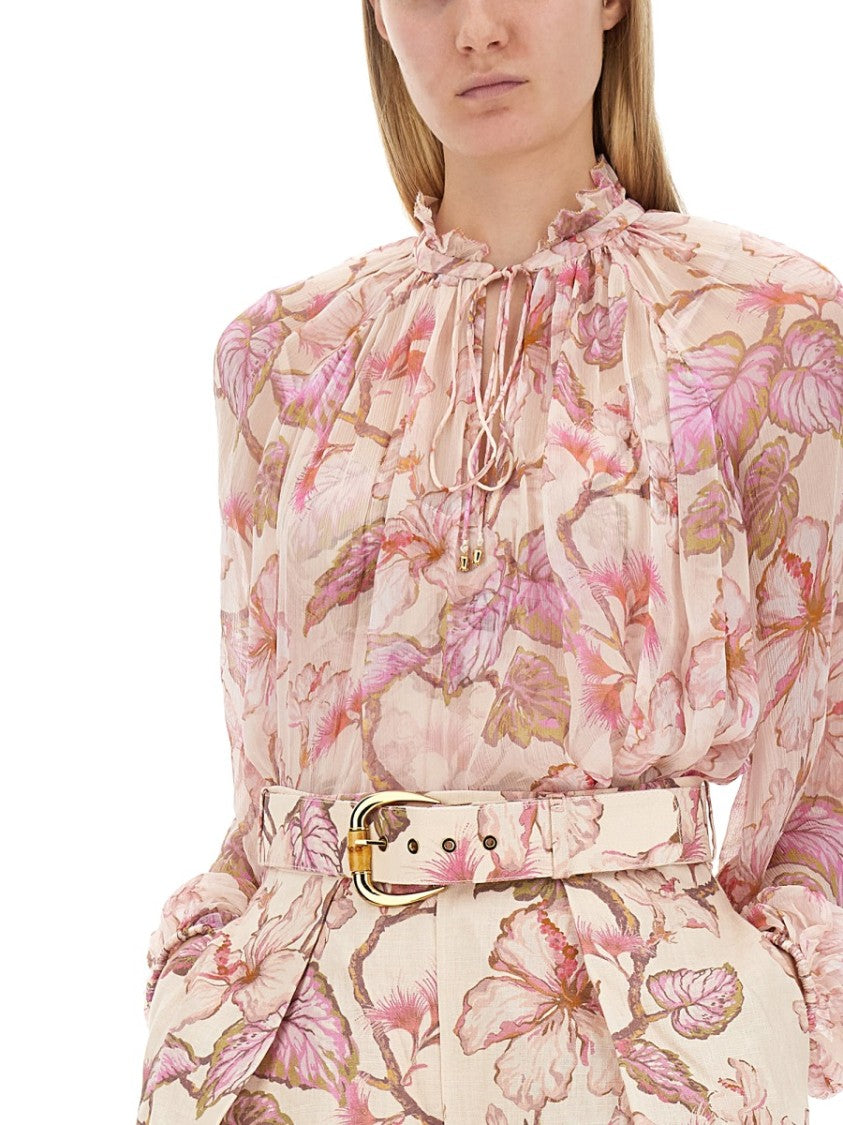 Zimmermann Beige Floral Print Viscose Ruffled Blouse